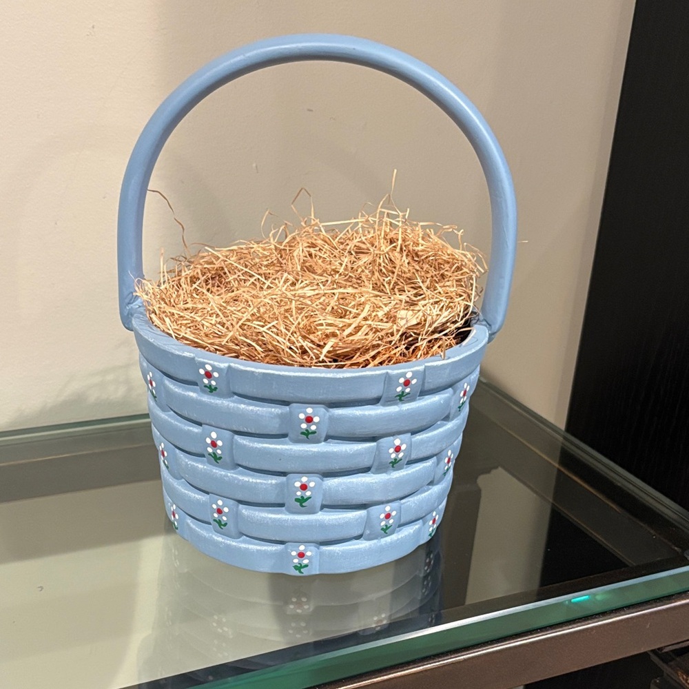 Blue Woven Basket with Floral Accents